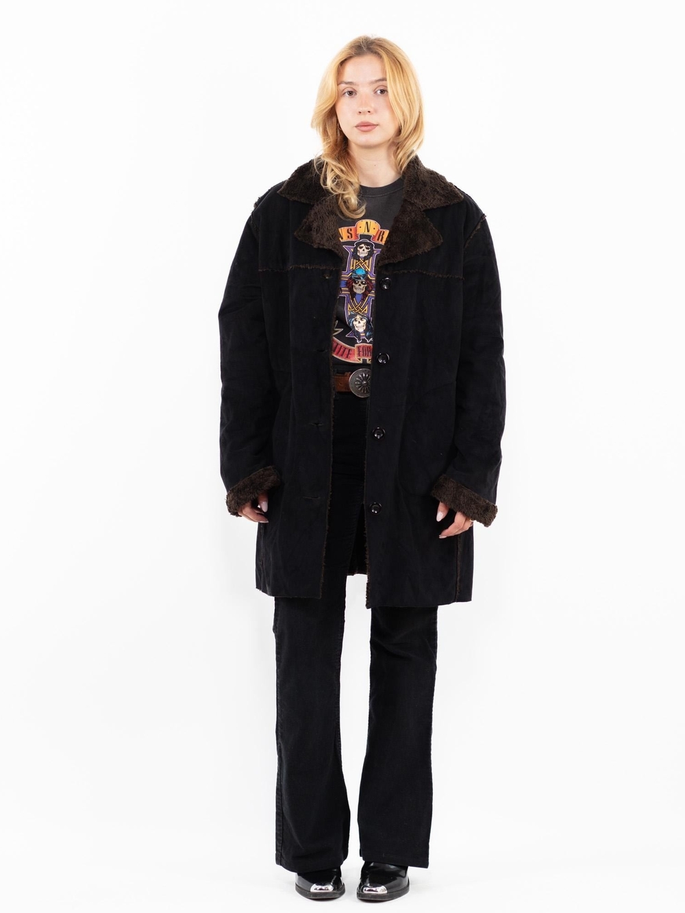 Women's Black Y2K Faux Shearling-Trim Suede Coat